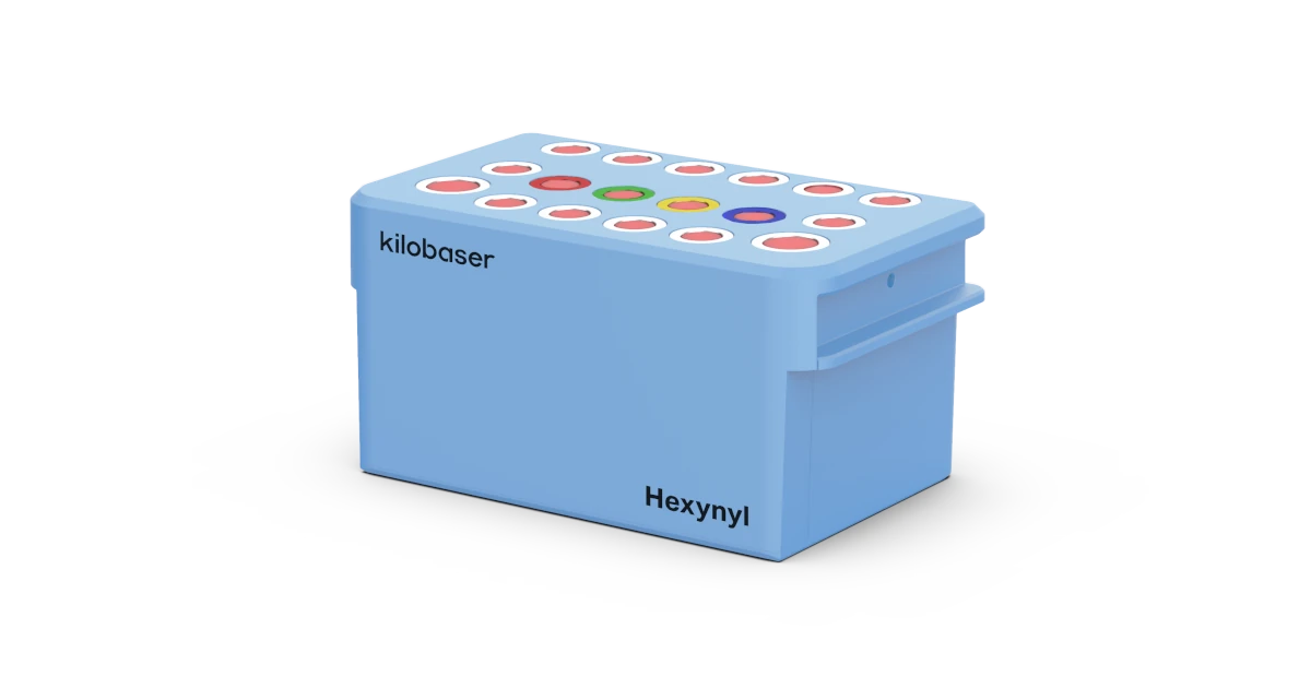 Hexynyl DNA reagent cartridge for Kilobaser one-XT personal DNA & RNA synthesizer. For click chemistry-compatible oligos with terminal alkyne groups.